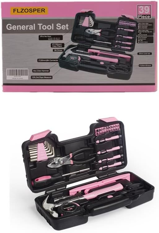 39-Piece General Tool Set-Essential Household Hand Tool Kit with Portable Toolbox Storage Case(Pink—Level Ruler))