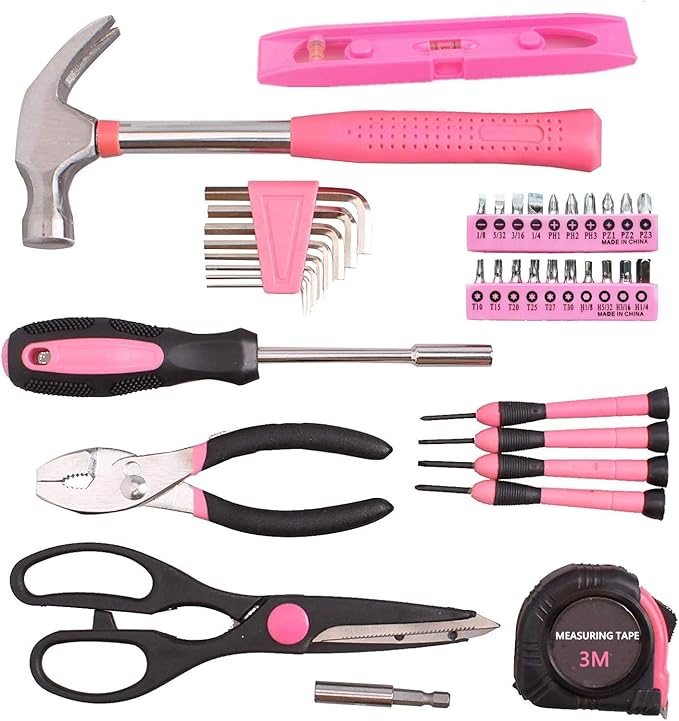 39-Piece General Tool Set-Essential Household Hand Tool Kit with Portable Toolbox Storage Case(Pink—Level Ruler))