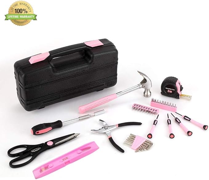 39-Piece General Tool Set-Essential Household Hand Tool Kit with Portable Toolbox Storage Case(Pink—Level Ruler))