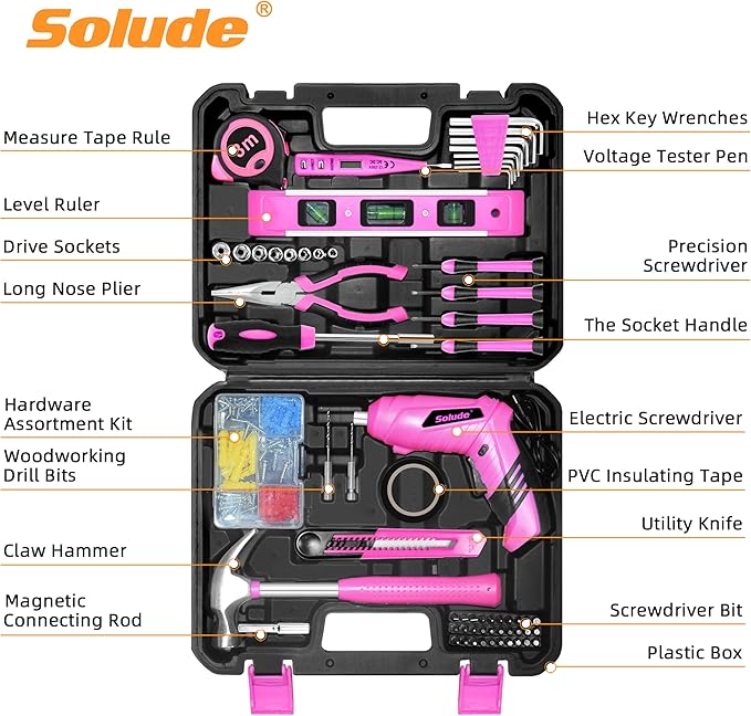 SOLUDE Pink Tool Set,130 Piece Home Tool Kit for Women with 3.6V Cordless Rechargeable Screwdriver,Basic Toolkits for New House