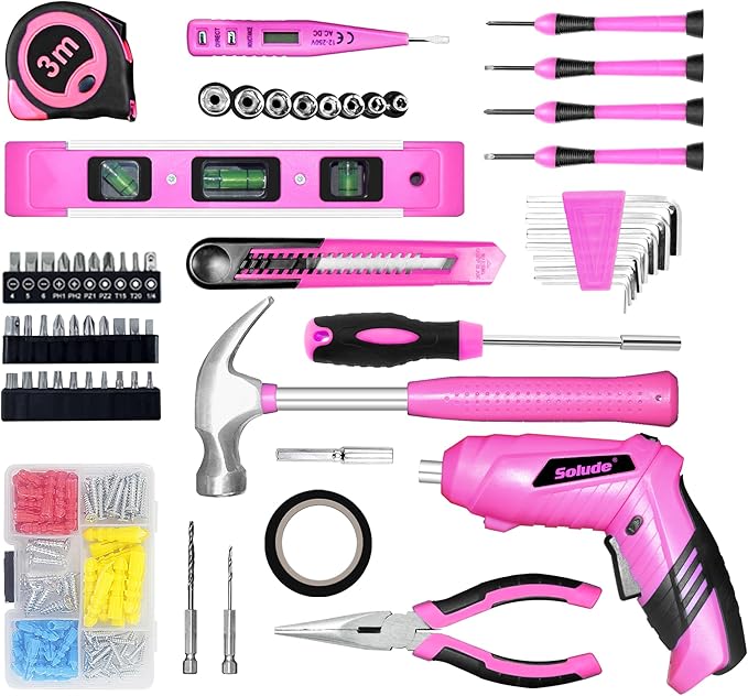 SOLUDE Pink Tool Set,130 Piece Home Tool Kit for Women with 3.6V Cordless Rechargeable Screwdriver,Basic Toolkits for New House