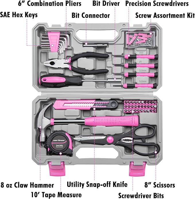 CARTMAN Tool Set General Household Hand Tool Kit with Plastic Toolbox Storage Case Pink
