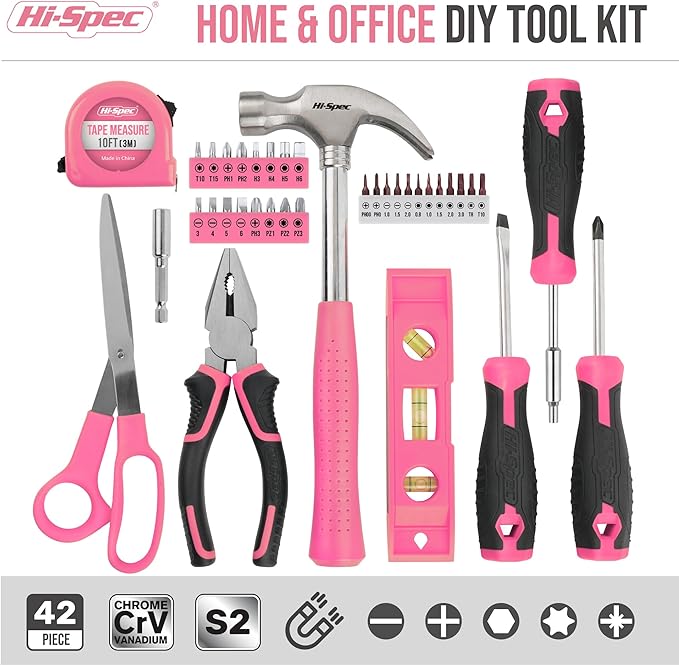 Hi-Spec 42pc Pink Household DIY Tool Set for Women. Home, Office and College Dorm Small Toolkit of Starter Basic Ladies Tools Visit the Hi-Spec Store