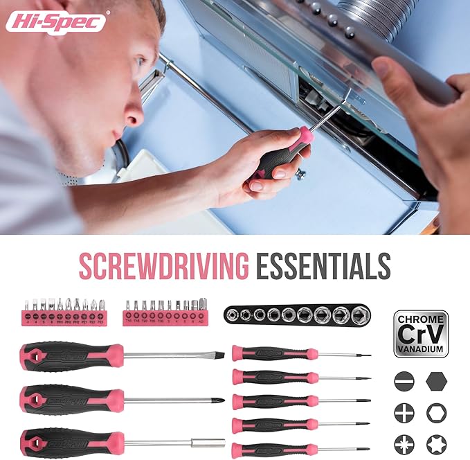 Hi-Spec 54pc Pink Tool Kit for Women – General Household DIY Tool Set.
