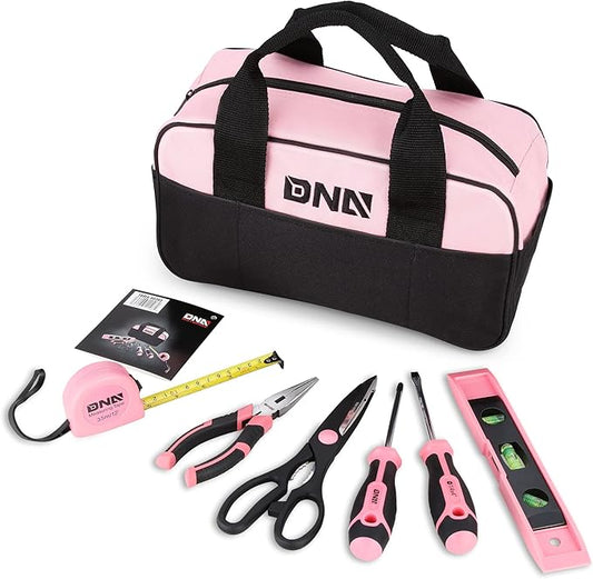 DNA MOTORING 7-Piece Pink Tool Set - Portable Household Hand Tool Kit with Wide Mouth Canvas Storage Bag for DIY
