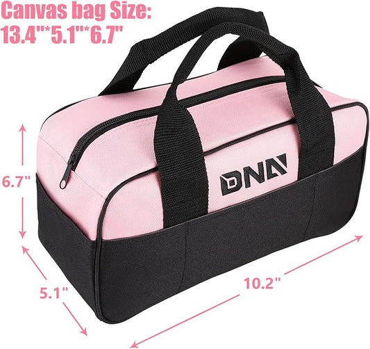 DNA MOTORING 7-Piece Pink Tool Set - Portable Household Hand Tool Kit with Wide Mouth Canvas Storage Bag for DIY