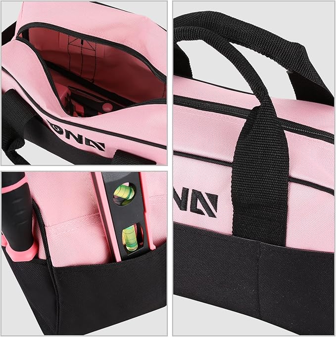 DNA MOTORING 7-Piece Pink Tool Set - Portable Household Hand Tool Kit with Wide Mouth Canvas Storage Bag for DIY