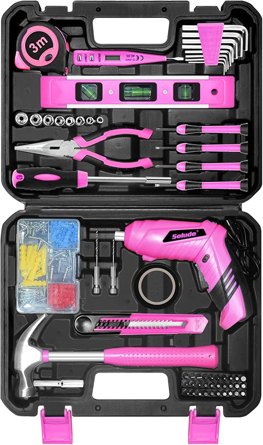 SOLUDE Pink Tool Set,130 Piece Home Tool Kit for Women with 3.6V Cordless Rechargeable Screwdriver,Basic Toolkits for New House