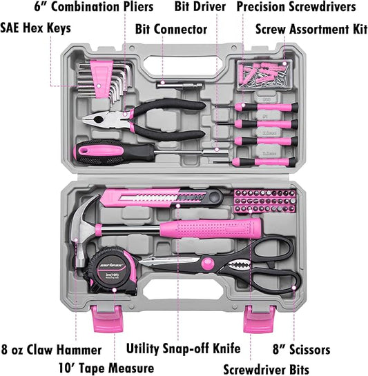 CARTMAN Tool Set General Household Hand Tool Kit with Plastic Toolbox Storage Case Pink