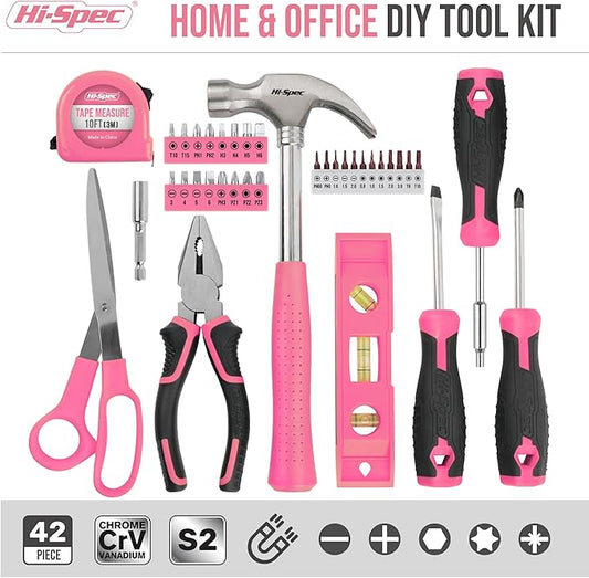 Hi-Spec 42pc Pink Household DIY Tool Set for Women. Home, Office and College Dorm Small Toolkit of Starter Basic Ladies Tools Visit the Hi-Spec Store